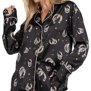 NWT  Midnight Bakery Women's  Satin Printed Pajama  top - Black